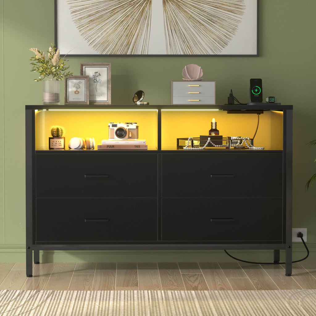 4 Drawer Dresser with Power Outlets and LED Lights