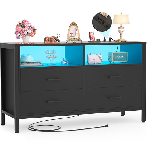 4 Drawer Dresser with Power Outlets and LED Lights