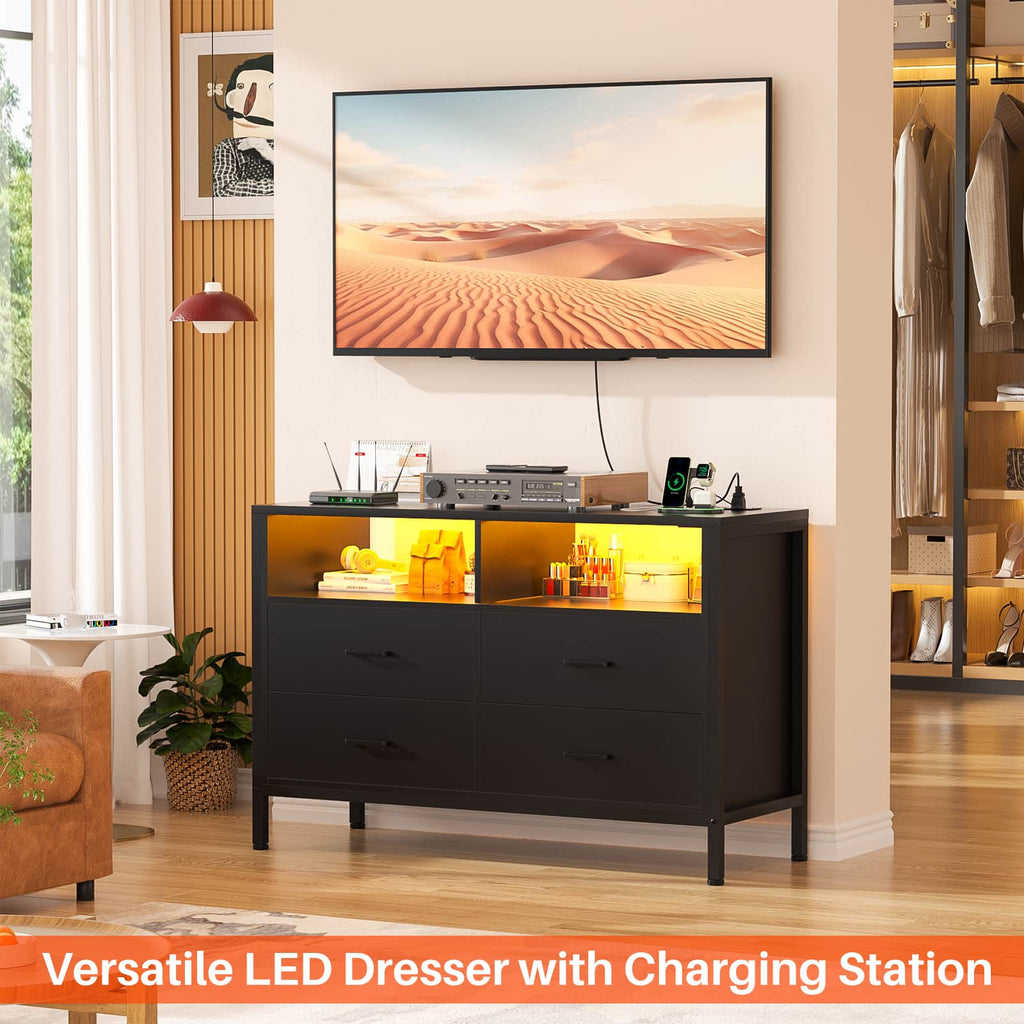 4 Drawer Dresser with Power Outlets and LED Lights