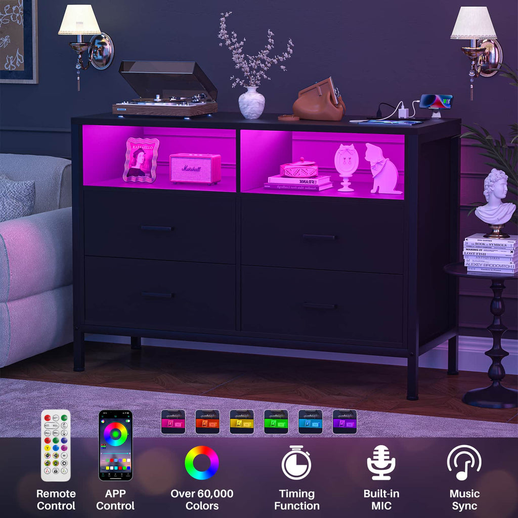 4 Drawer Dresser with Power Outlets and LED Lights