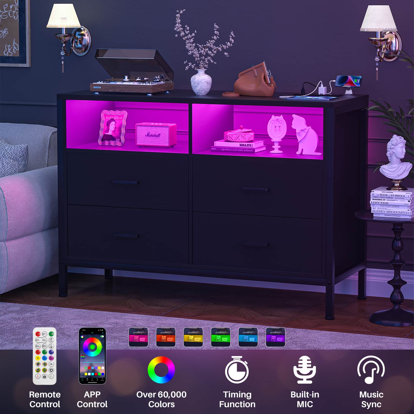 4 Drawer Dresser with Power Outlets and LED Lights