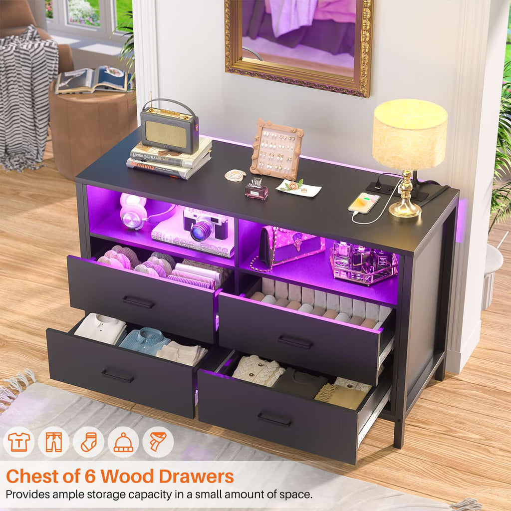 4 Drawer Dresser with Power Outlets and LED Lights