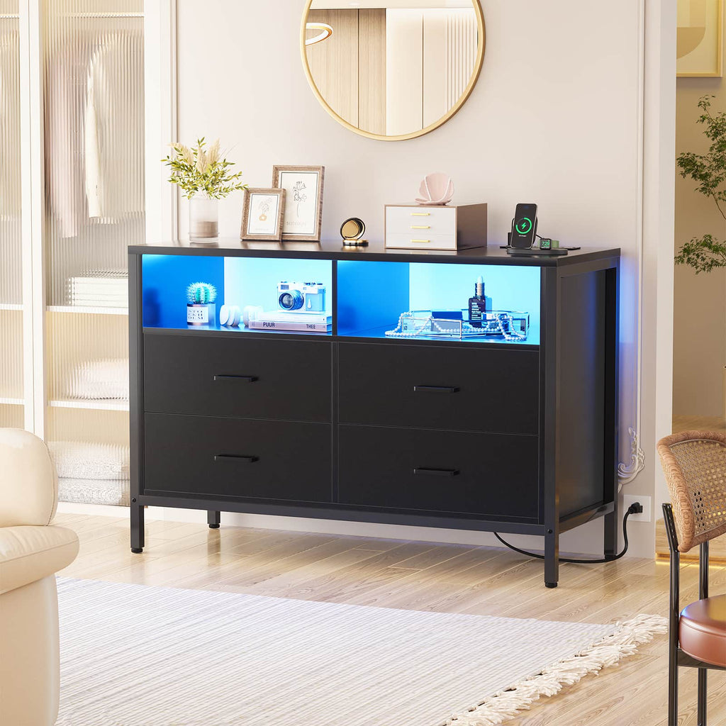 4 Drawer Dresser with Power Outlets and LED Lights