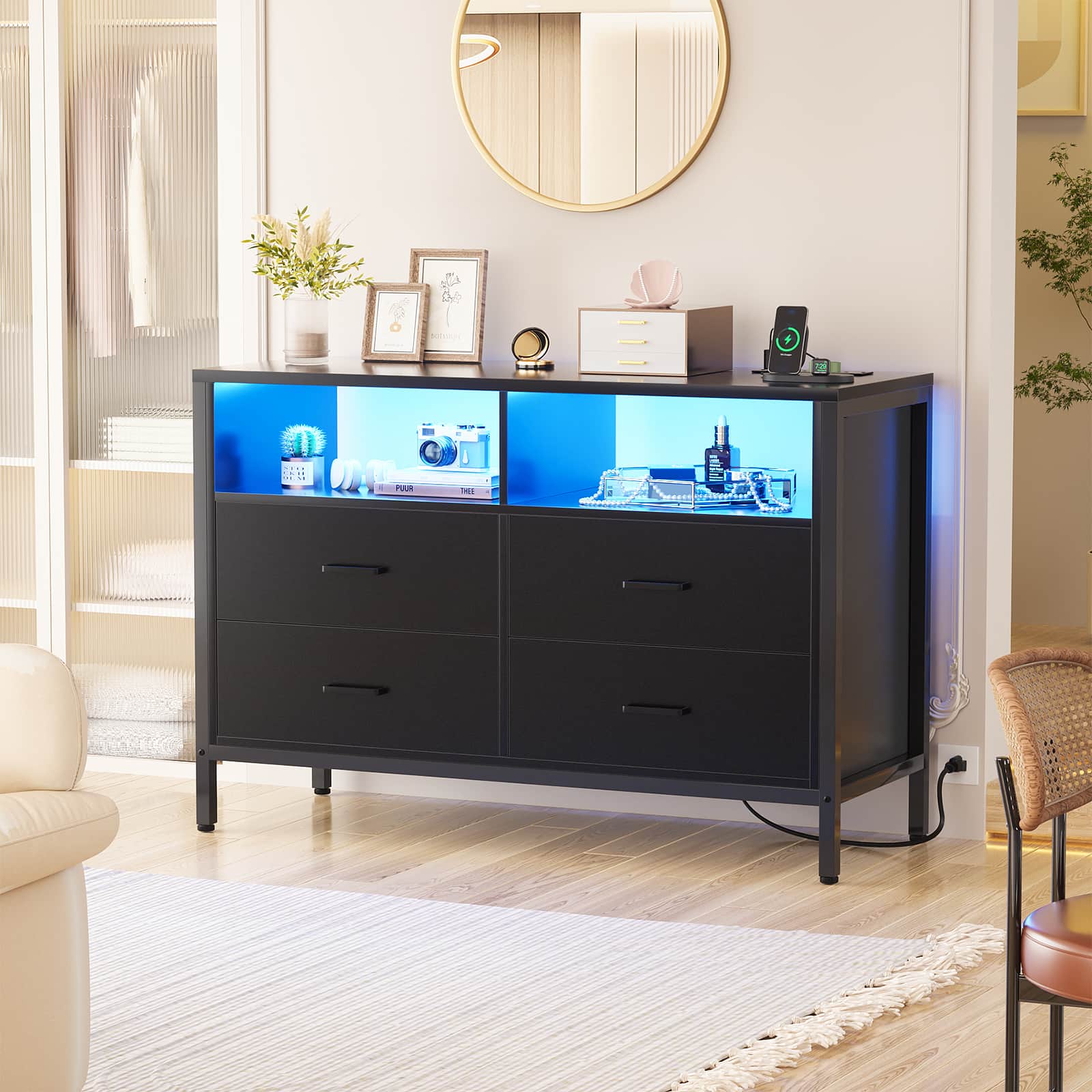 4 Drawer Dresser with Power Outlets and LED Lights