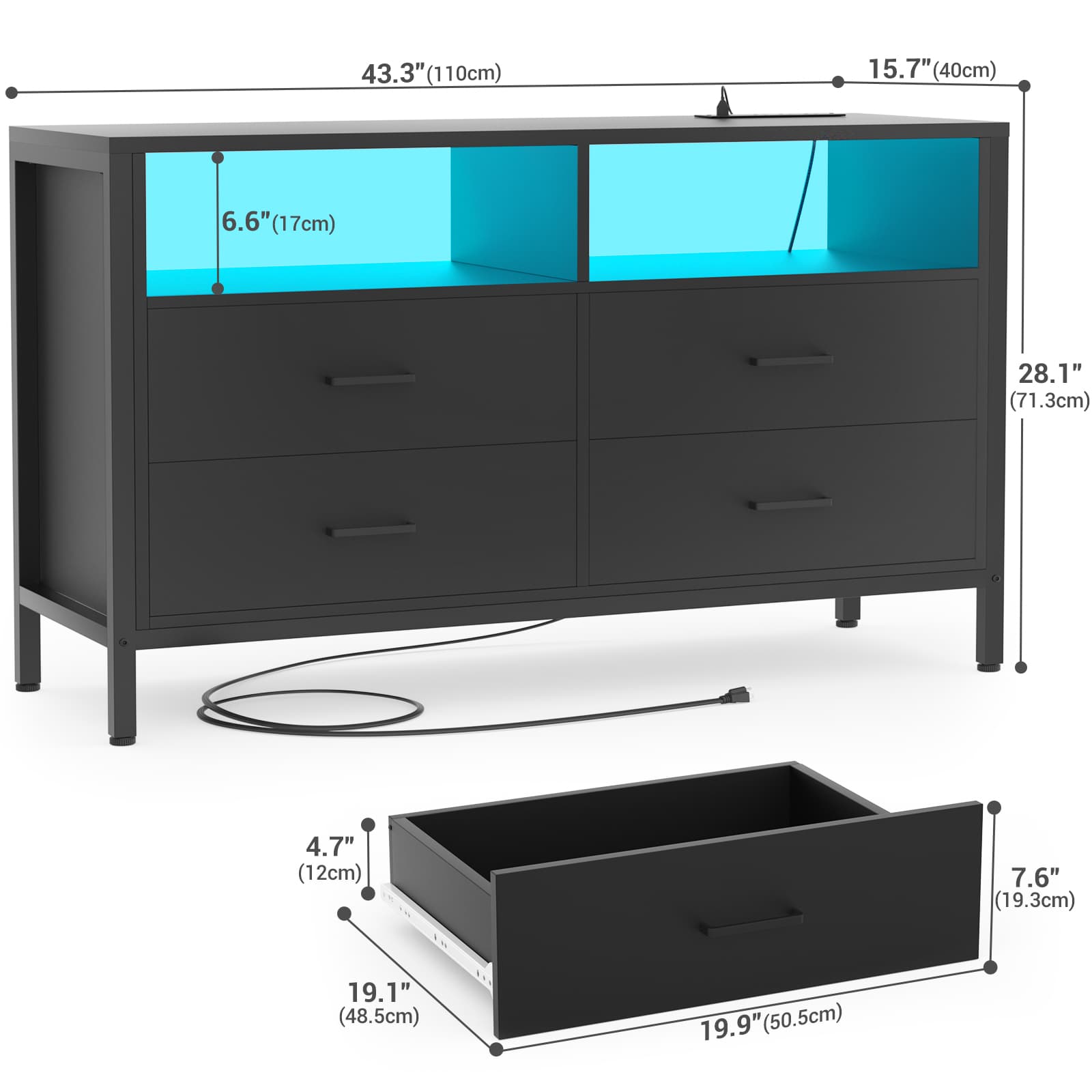 4 Drawer Dresser with Power Outlets and LED Lights