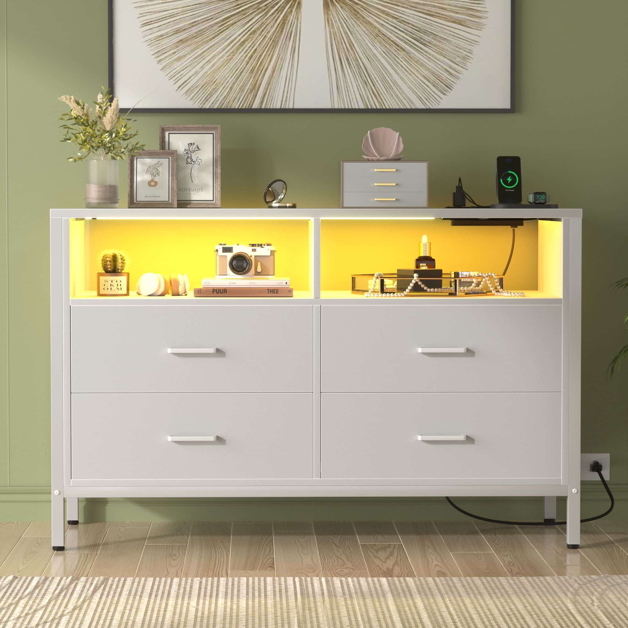 4 Drawer Dresser with Power Outlets and LED Lights