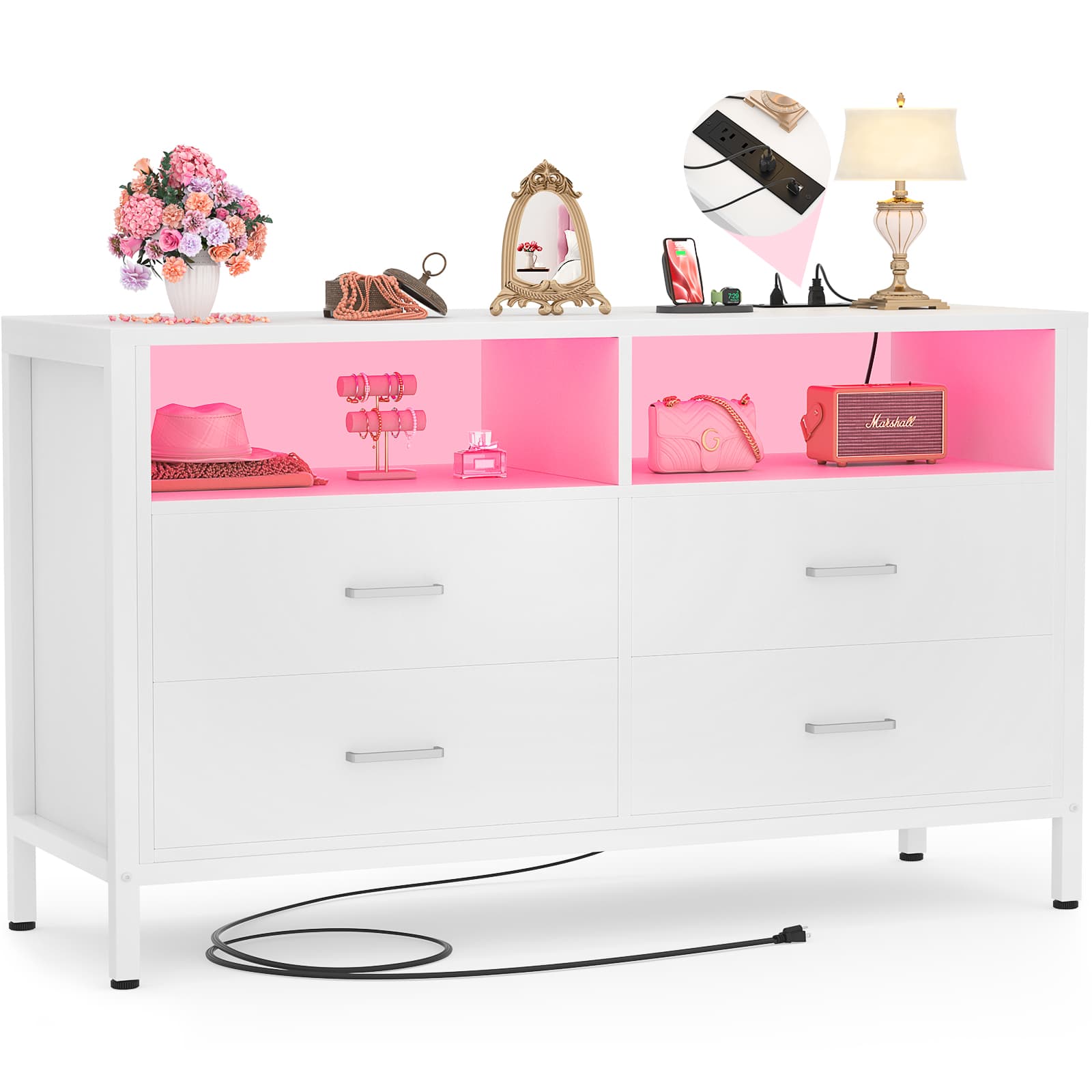 4 Drawer Dresser with Power Outlets and LED Lights