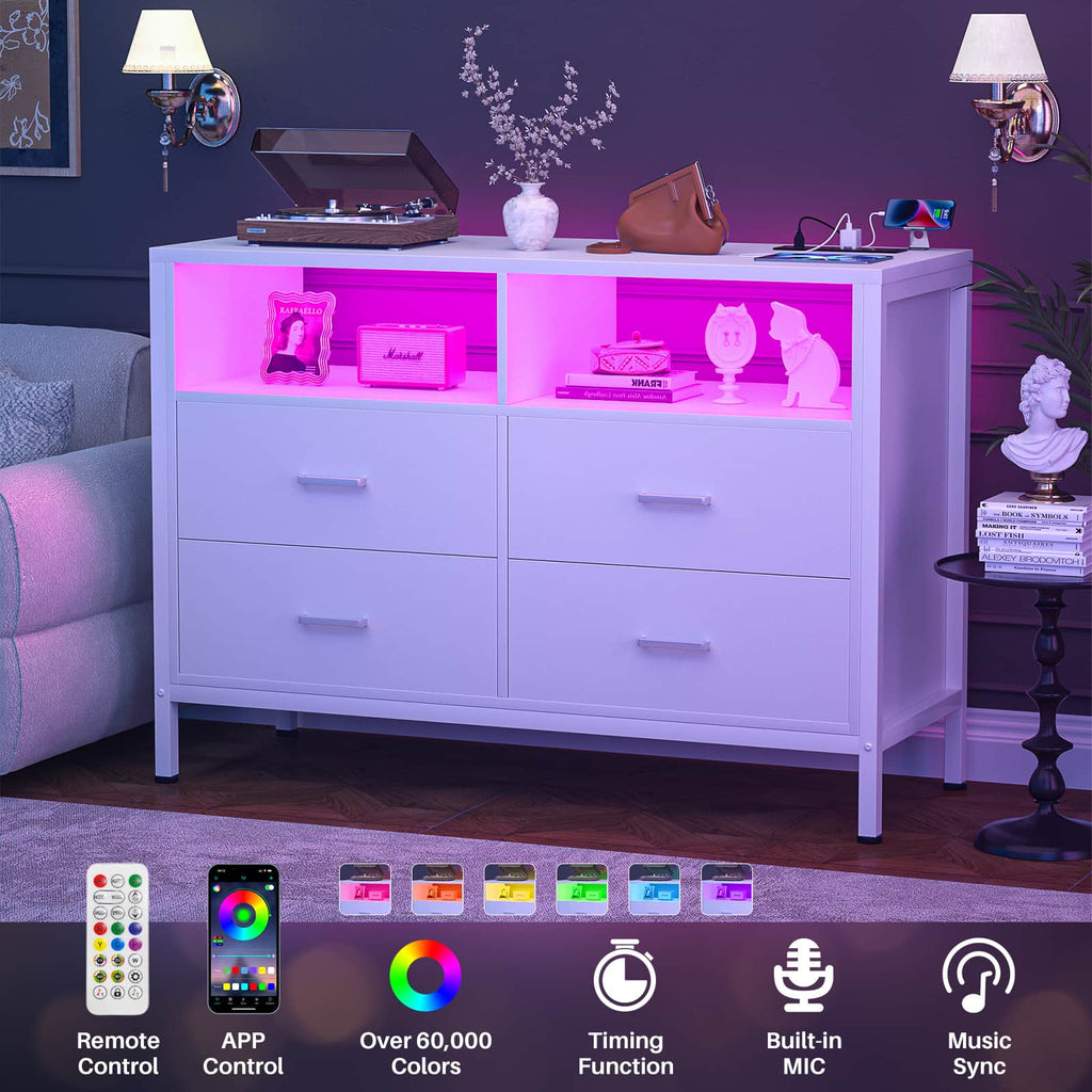 4 Drawer Dresser with Power Outlets and LED Lights