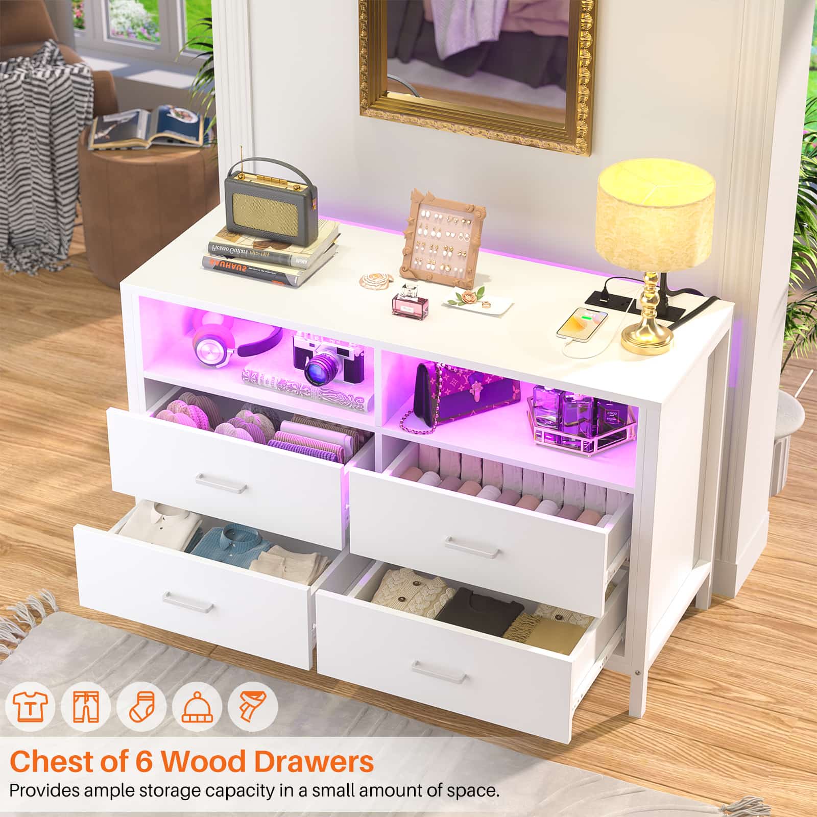 4 Drawer Dresser with Power Outlets and LED Lights