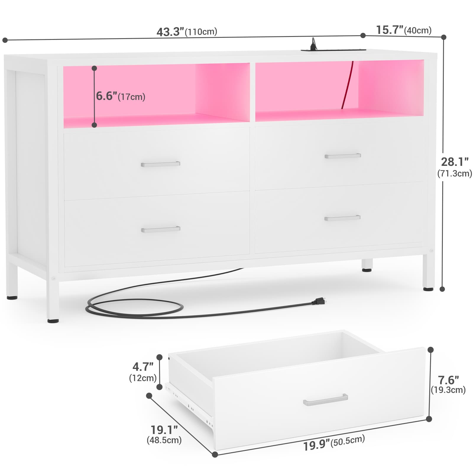 4 Drawer Dresser with Power Outlets and LED Lights